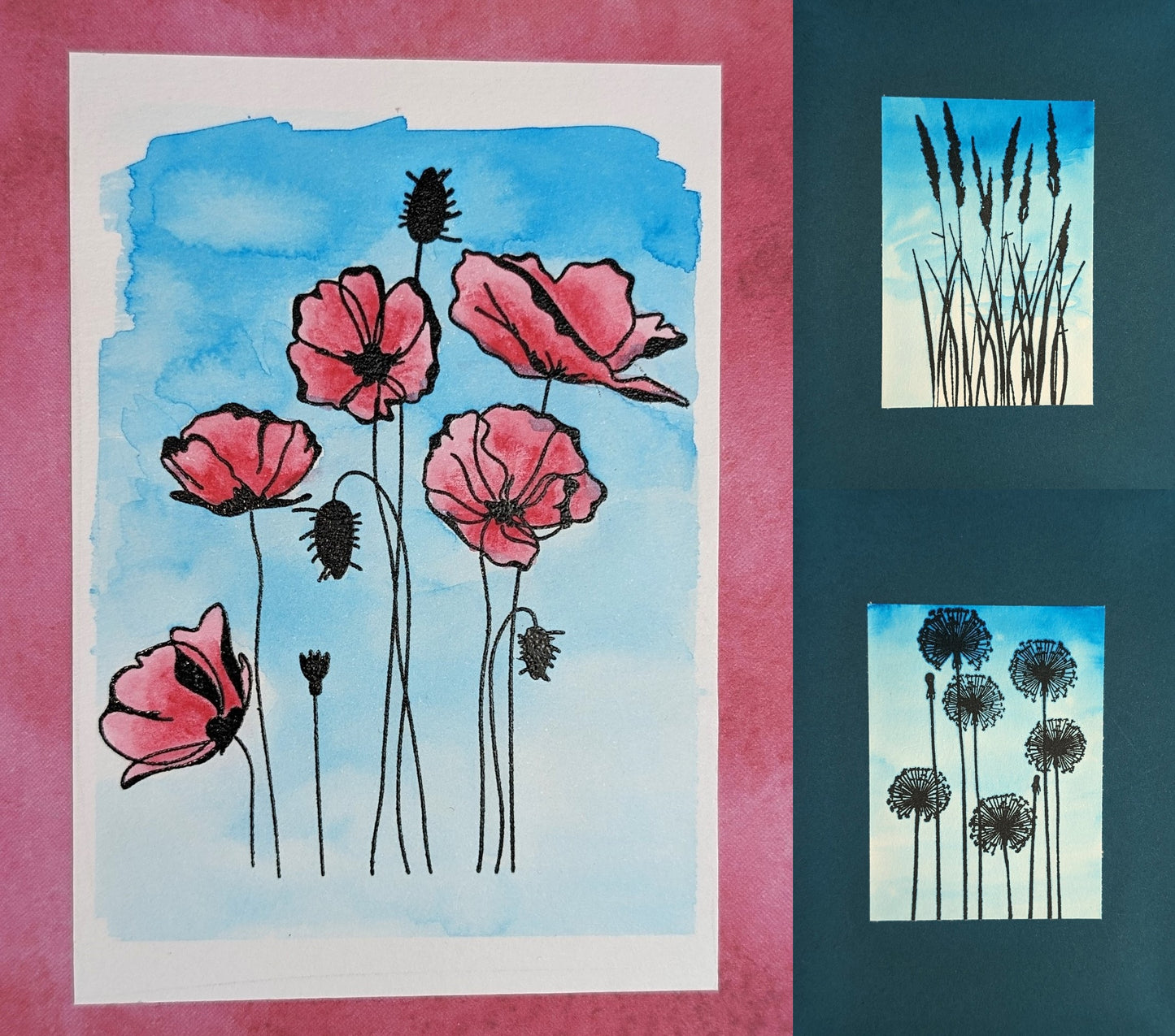 Hand-painted flower cards - packs of three