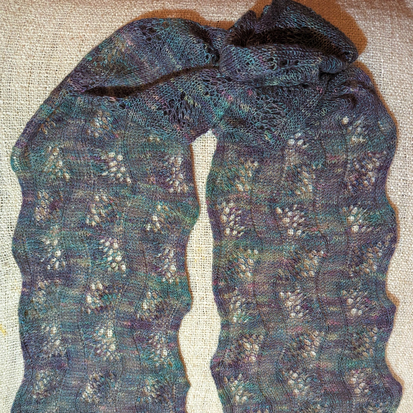 Hand-knitted feather stitch lace scarf