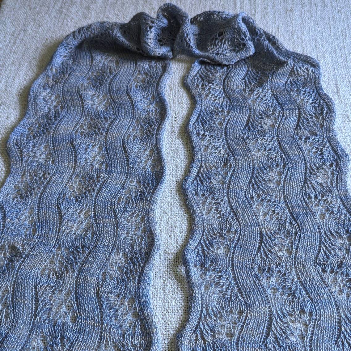 Hand-knitted feather stitch lace scarf