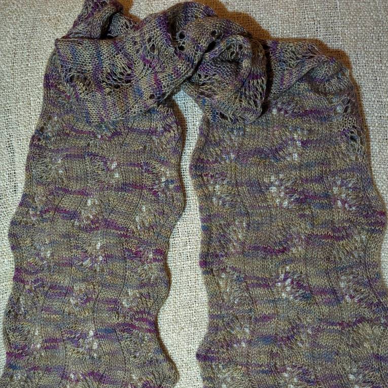 Hand-knitted feather stitch lace scarf