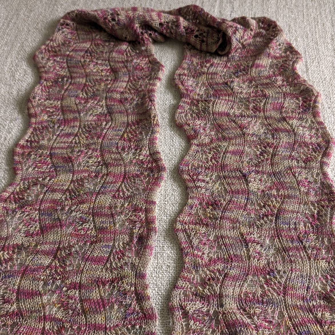 Hand-knitted feather stitch lace scarf