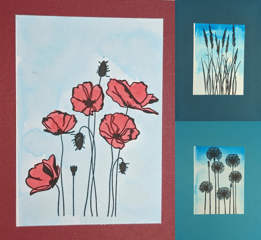 Hand-painted flower cards - packs of three
