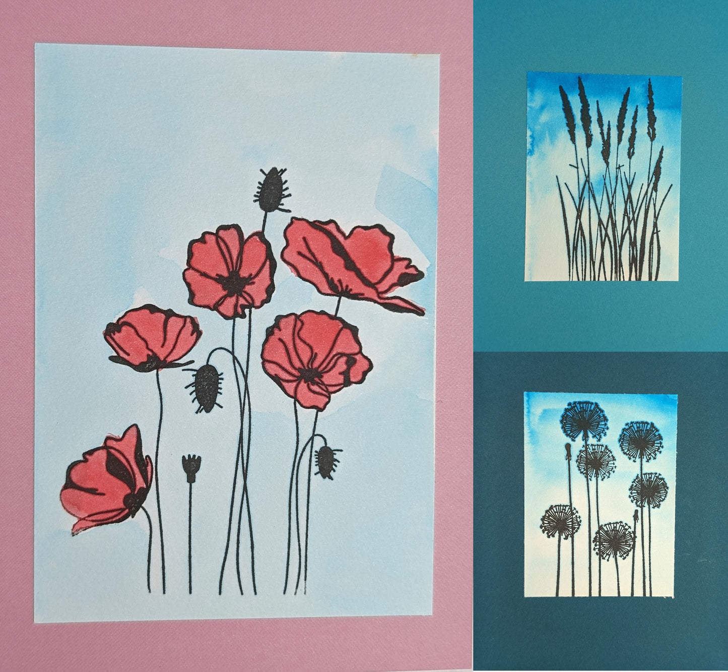 Hand-painted flower cards - packs of three