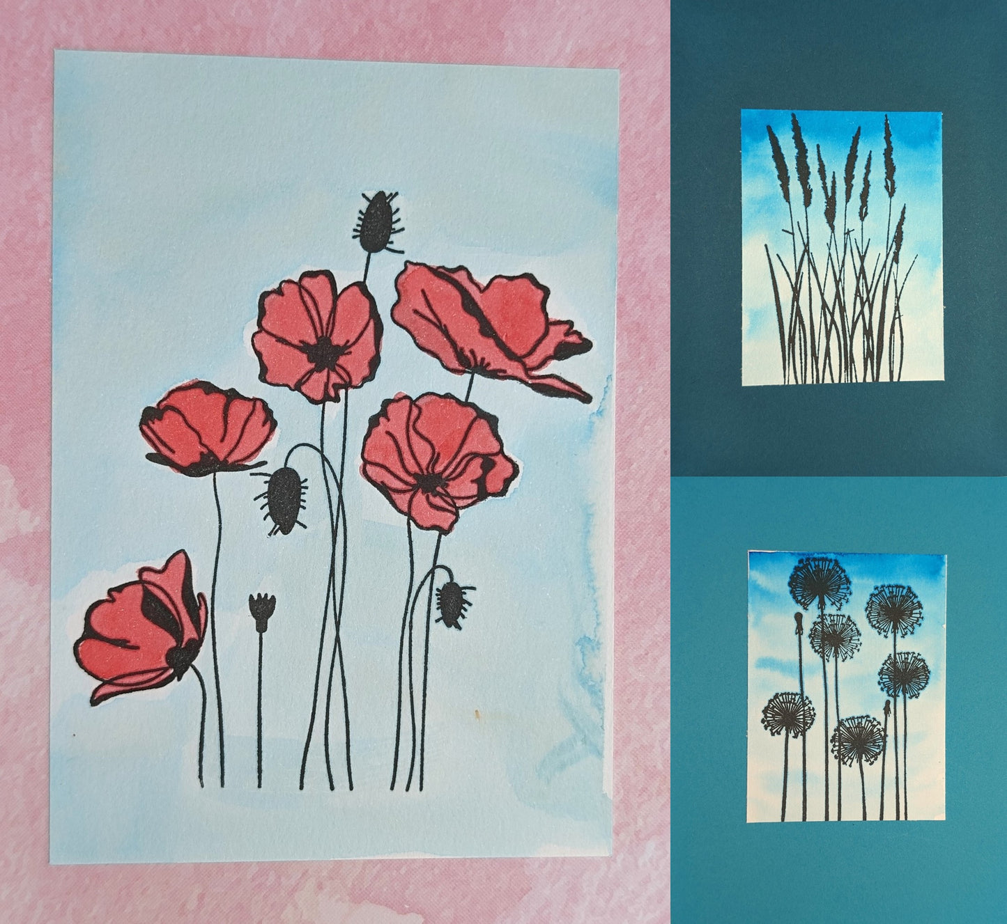 Hand-painted flower cards - packs of three